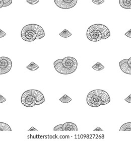 Vector seamless pattern with shells in ethnic boho style with ornaments. Can be printed and used as wrapping paper, wallpaper, textile, fabric, etc.