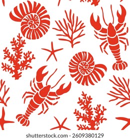 Vector seamless pattern with shells, lobsters. Mediterranean print