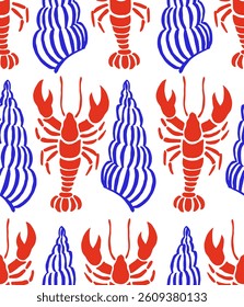Vector seamless pattern with shells, lobsters. Mediterranean print