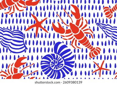 Vector seamless pattern with shells, lobsters. Mediterranean print
