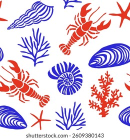 Vector seamless pattern with shells, lobsters. Mediterranean print
