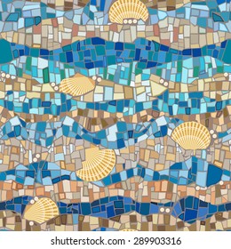 Vector seamless pattern with shells and mosaic in vintage style. Blue ornament. Sea design