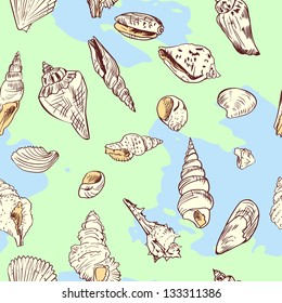 vector seamless pattern of shells on blue background