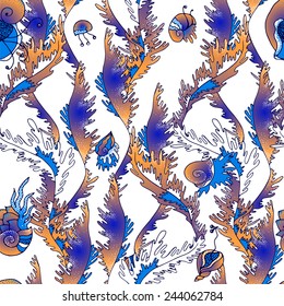 Vector seamless pattern - shells, shellfishes, plants on white background