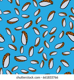Vector seamless pattern with shells. Sketch decorated items with a blue background will be a good summer backdrop for the site, wallpaper or a picture for printing on paper or textiles