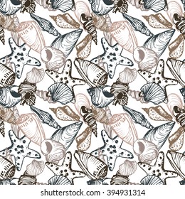 vector seamless pattern with shells and starfish, hand drawn natural illustration