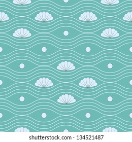 Vector seamless pattern with shells and wavy lines