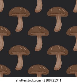 Vector Seamless Pattern with Shiitake Mushroom on Black. Seamless Texture, Hand Drawn Cartoon Shiitake Mushrooms. Design Template for Textile, Wallpaper, Print