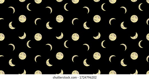 Vector seamless pattern with a shining moons on the dark black sky, space illustration, night background, graphic backdrop template.