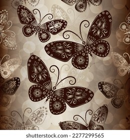 Vector seamless pattern with shiny brown openwork butterflies on bokeh background