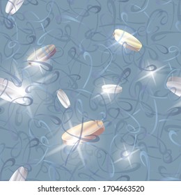 Vector seamless pattern with shiny coins and beautifully curved lines on a blue background.