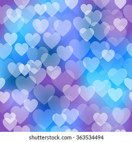 Vector seamless pattern with shiny hearts bokeh on blurred soft background. Valentine's day background. Hearts pattern on colorful background
