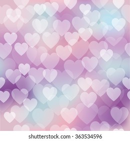 Vector seamless pattern with shiny hearts bokeh on blurred soft background. Valentine's day background. Hearts pattern on colorful background
