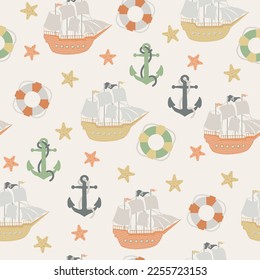 Vector seamless pattern with ship, anchor, lifebuoy.Underwater cartoon creatures.Marine background.Cute ocean pattern for fabric, childrens clothing,textiles,wrapping paper