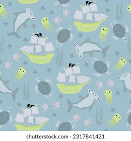 Vector seamless pattern with ship hammerhead fish,turtle,starfish, jellyfish.Underwater cartoon creatures.Marine background.Cute ocean pattern for fabric, childrens clothing,textiles,wrapping paper