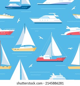 Vector seamless pattern of ship at sea, sailboats, speedboat, yacht, sailboat, cruiser. Water ocean transport boat in flat style. Sea marine travel background for fabric and textile. Maritime ships