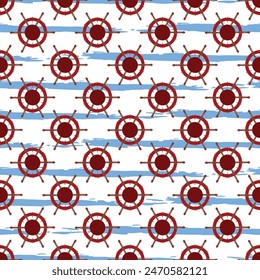 Vector seamless pattern with ship steering wheel or nautical boat helm. Marine, sea traveling, Columbus Day striped repeat pattern design, background, wallpaper.
