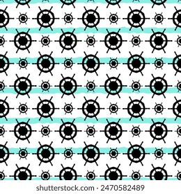 Vector seamless pattern with ship steering wheel or nautical boat helm black silhouette. Marine, sea traveling, Columbus Day striped repeat pattern design, background, wallpaper.