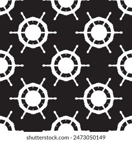 Vector seamless pattern with ship steering wheel or nautical boat helm white silhouettes. Marine, sea traveling, Columbus Day repeat pattern design, background, wallpaper.