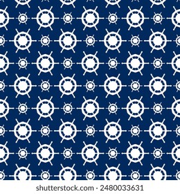 Vector seamless pattern with ship steering wheel or nautical boat helm white silhouette. Marine, sea traveling, Columbus Day repeat pattern design, background, wallpaper.