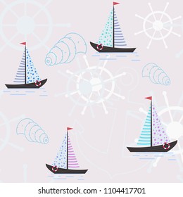 Vector seamless pattern with ships, anchors and seashells. Sea pattern. Design of a substrate on a theme of rest, vacation, the sea.