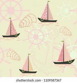 Vector seamless pattern with ships, anchors and seashells. Sea pattern. Design of a substrate on a theme of rest, vacation, the sea.