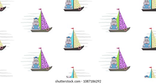 Vector seamless pattern with ships and hippopotamus. Marine pattern illustration. The template for the cover fabric, books.