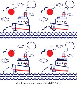Vector seamless  pattern  ship,sea, waves of red, white, dark blue colors