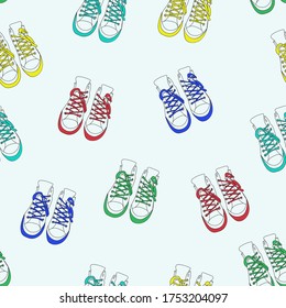 Vector seamless pattern, shoes fashion sneakers, comfortable casual shoes. Sport concept. For paper, cover, fabric, gift wrapping, wall art, interior decoration. Simple image surface design