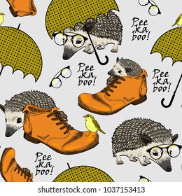 Vector seamless pattern with shoes, glasses, umbrella, bird and urchin. Hand drawn illustration. 