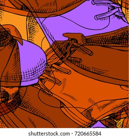 Vector seamless pattern with shoes. Hand drawn illustration of older boots. 