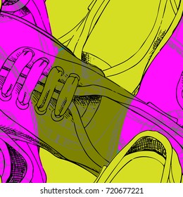 Vector seamless pattern with shoes. Hand drawn illustration of sneakers. 