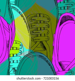Vector seamless pattern with shoes. Hand drawn illustration of sneakers. 9
