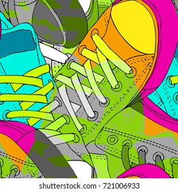 Vector seamless pattern with shoes. Hand drawn illustration of sneakers. 3
