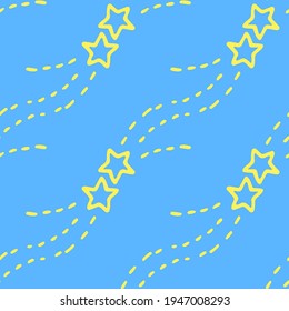 Vector seamless pattern of shooting stars with yellow dashes on a blue background. comet contour drawing hand drawn in doodle style for children's textile design
