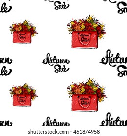 Vector seamless pattern with shopping bag and leaves bouquet and autumn sale lettering. Background for decoration seasonal celebration, greeting card and banner. Hand drawn symbols on white backdrop.