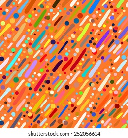Vector seamless pattern with short hand drawn colourful diagonal strokes in multiple bright colors. Fun and positive background with dots and lines for summer spring fashion