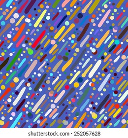Vector seamless pattern with short hand drawn colourful diagonal strokes in multiple bright colors. Fun and positive background with dots and lines for summer spring fashion