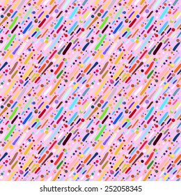 Vector seamless pattern with short hand drawn colourful diagonal strokes in multiple bright colors. Fun and positive background with dots and lines for summer spring fashion