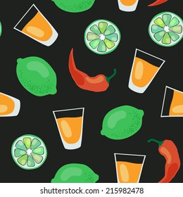 vector seamless pattern with shots of tequila, lime and pepper