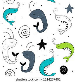 Vector seamless pattern with shrimp. Baby print. Scandinavian motives
