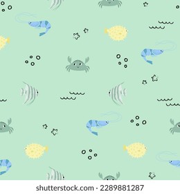 Vector seamless pattern with shrimp, crab, fugu fish, scalaria fish.Underwater cartoon creatures.Marine background.Cute ocean pattern for fabric, childrens clothing,textiles,wrapping paper