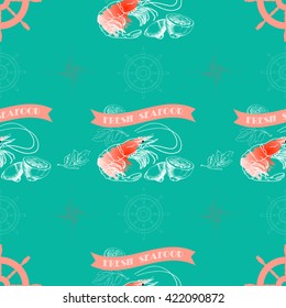Vector seamless pattern with shrimp, lemon,  words Fresh Seafood on  aquamarine background.