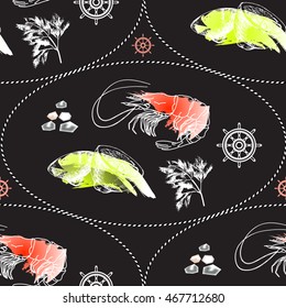 Vector seamless pattern with shrimp, lemon, helm, rope on  dark background.