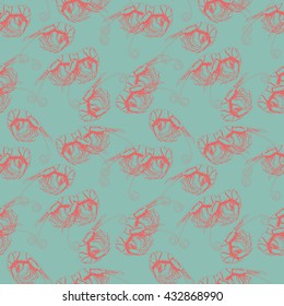 Vector seamless pattern with shrimp on green. Hand drawn illustration in vintage style for fabric, wrapping, background,banner and other seamless design. Engraving art.