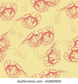 Vector seamless pattern with shrimp on yellow. Hand drawn illustration in vintage style for fabric, wrapping, background,banner and other seamless design. Engraving art.
