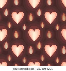Vector seamless pattern with shuny heart shapes and flames on a deep brown background