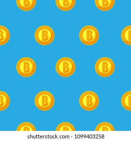 Vector seamless pattern sign Bitcoin. Orange cryptocurrency on blue background.