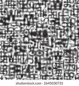 Padrão de vetor sem emenda com sinais ou fonte ilegível consistindo em pontos. Sobre o tema da impressão matricial, jogos de computador, tecnologia digital, pixels. Papel de parede, tecido, azulejos. Design de camiseta. Sem IA 