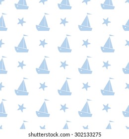 Vector seamless pattern with silhouette blue boat and starfish on the white background.